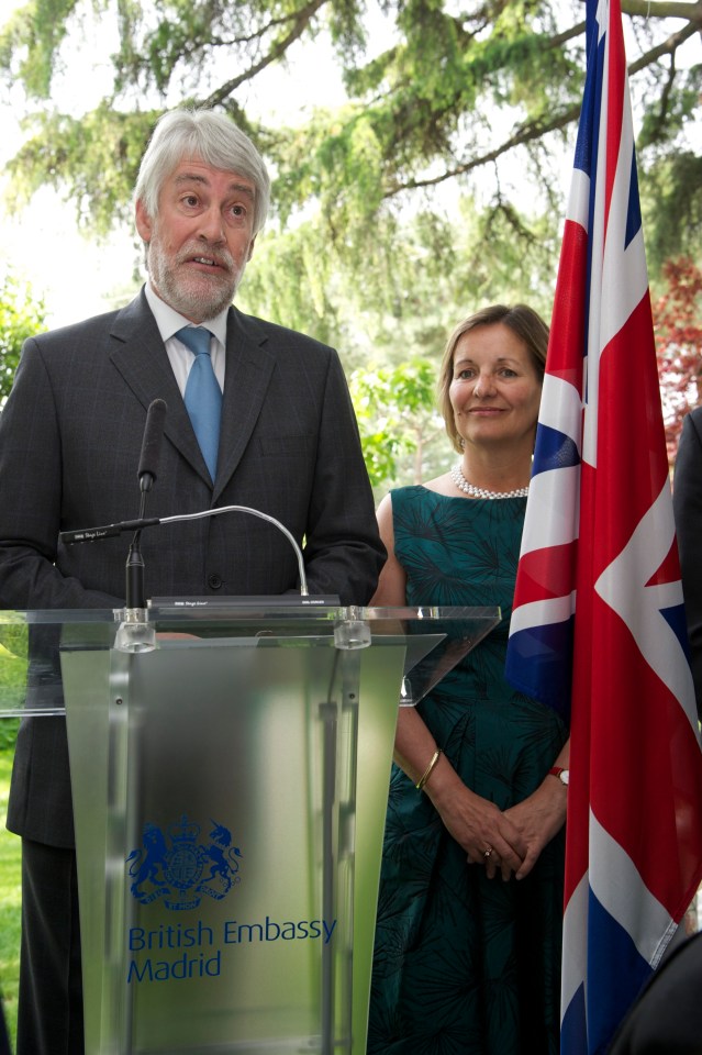 British Ambassador to Spain Giles Paxman and his wife at the British Embassy in Madrid.