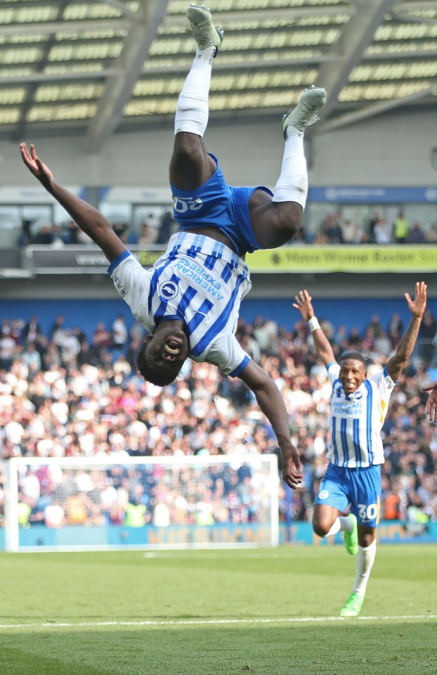 Carlos Baleba of Brighton & Hove Albion celebrates scoring a goal.