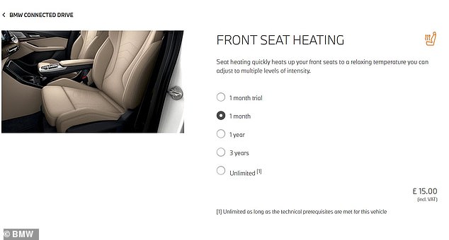 This screengrab of BMW UK's Connected Drive section of its website in 2022 shows the different purchase and subscription options available to have heated front seats