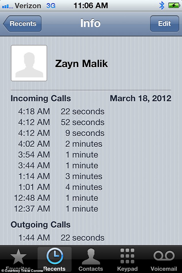 Corona shared screenshots she said were call logs  from One Direction star Malik after the signing. She claimed the bandmates initially kept prank calling her, with her hearing them yelling, giggling and talking before hanging up