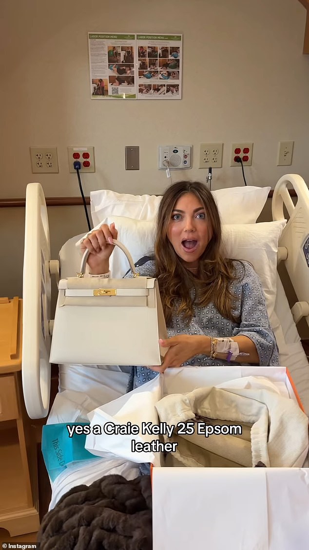 Pookie with one of her 'push presents'. She revealed to her followers that once she knew she was going into labour, she ordered her baby's going home outfit to arrive overnight