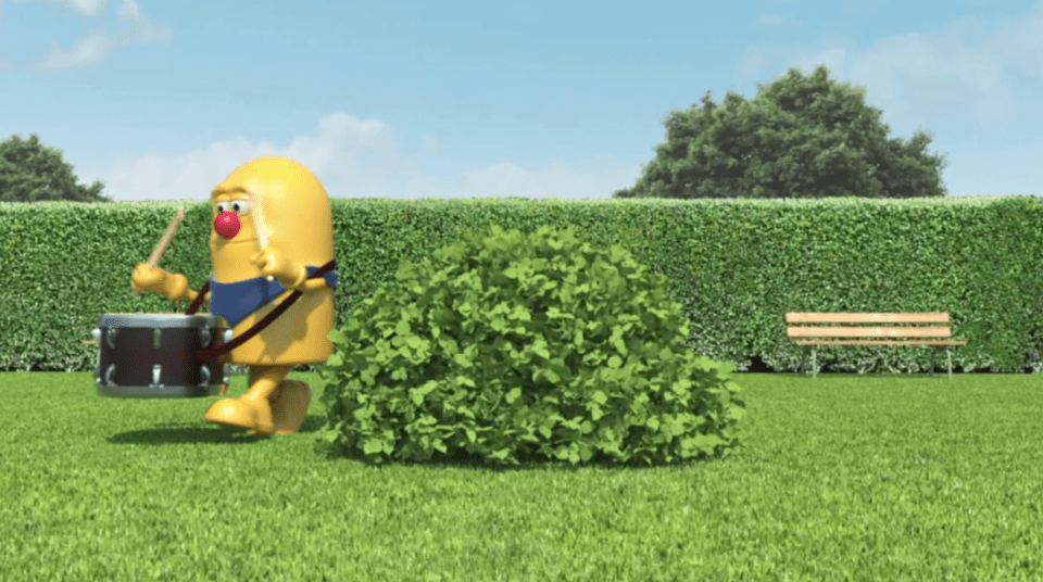 Illustration of a yellow character playing a drum in a park.
