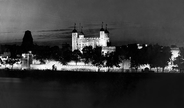 A floodlight Tower of London is seen in the early hours of August 16, 1945, as the capital celebrated VJ Day