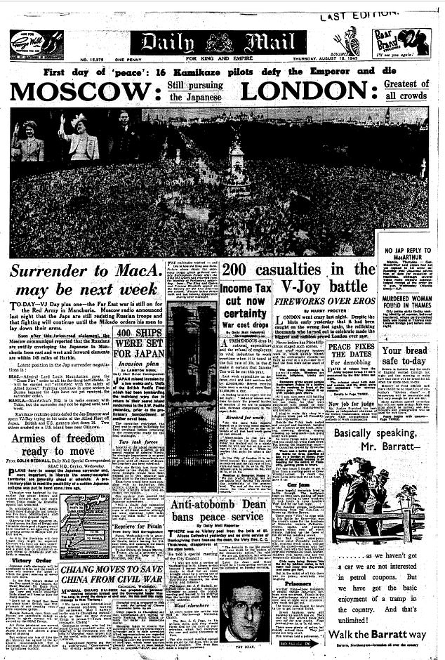 The Daily Mail's front page on August 16, 1945, the day after VJ Day