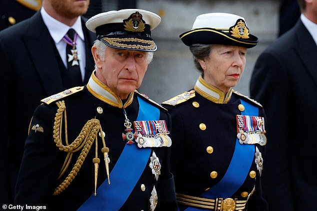 King Charles III and Princess Anne at the state funeral of Queen Elizabeth II