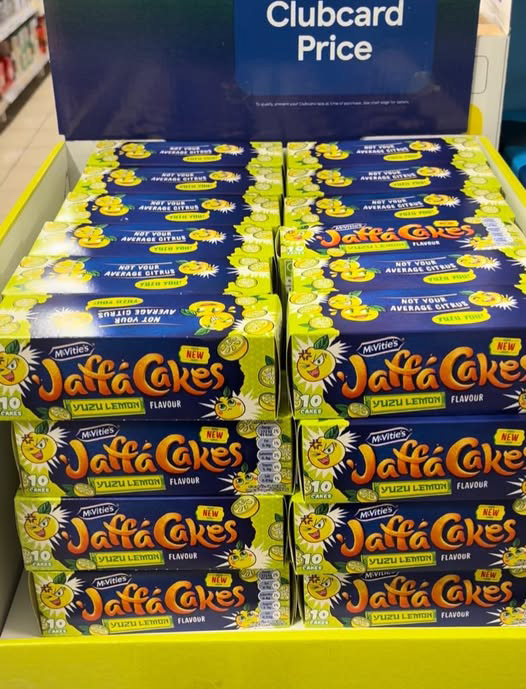 McVitie's Yuzu Lemon Jaffa Cakes boxes on display.