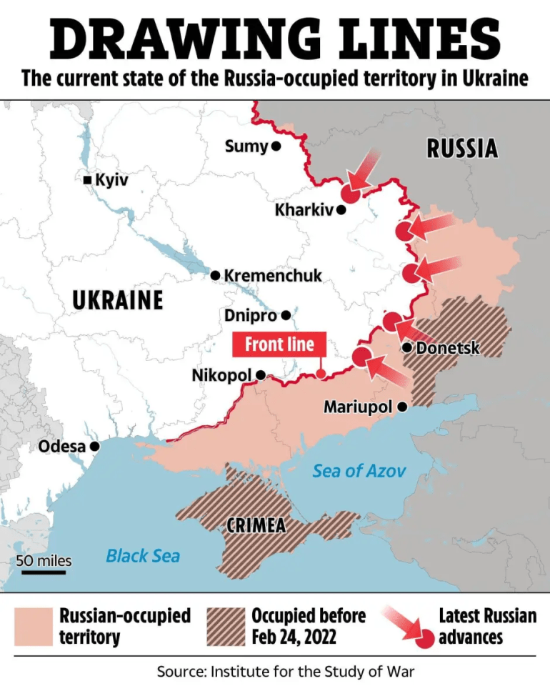 Map showing Russian advances in Ukraine.