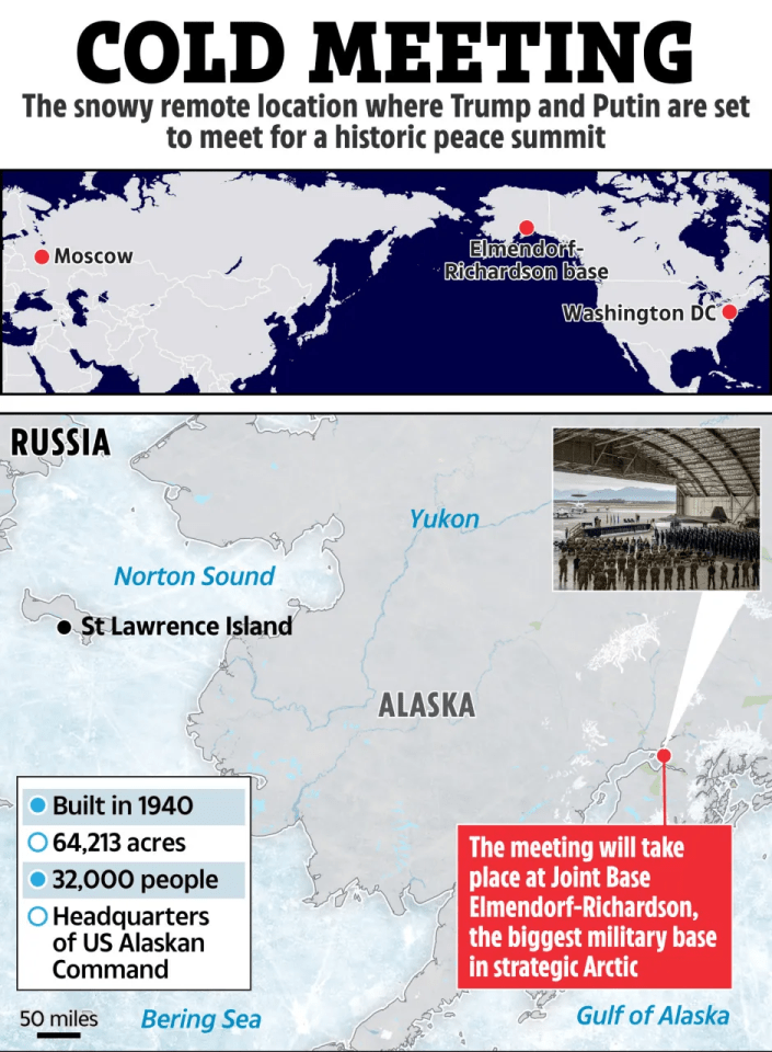 Illustration of a map showing the location of a peace summit between Trump and Putin at Joint Base Elmendorf-Richardson in Alaska.