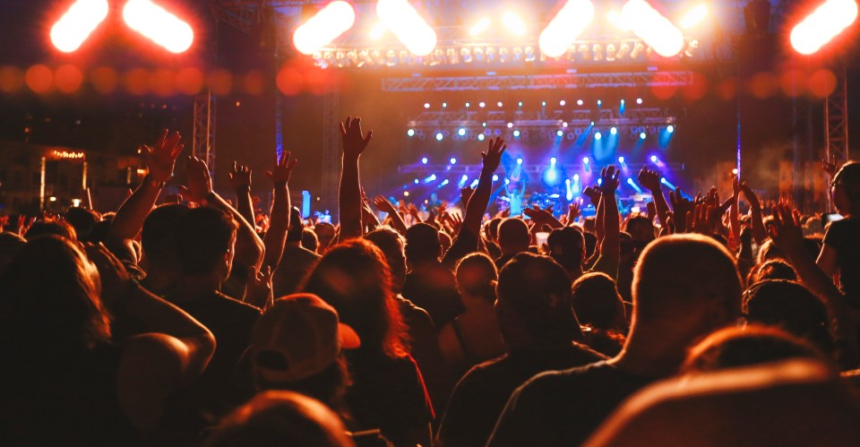 Concert crowd cheering with arms raised.