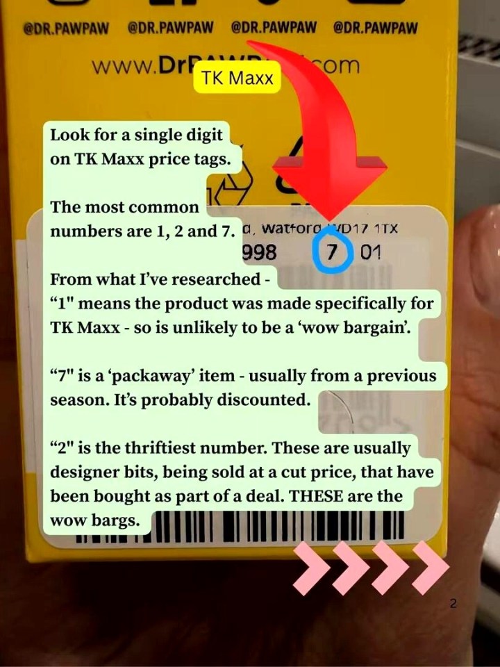 TK Maxx price tag codes: 1 = TK Maxx exclusive, 7 = discounted, 2 = thriftiest.