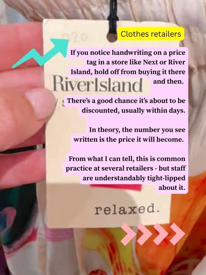 Image of a clothing price tag with handwritten notes indicating that upcoming discounts are marked on tags.