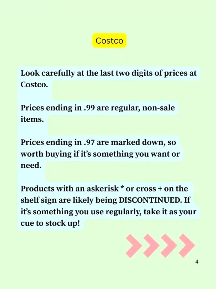 Costco price code guide: .99 = regular price; .97 = markdown; asterisk or cross on shelf means discontinued.