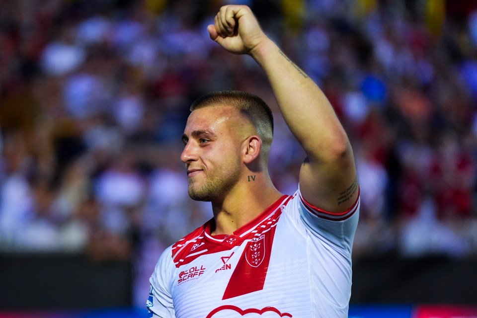 Hull KR player celebrating a victory.