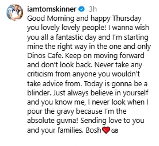 The reality star famously posts snaps of his bizarre breakfast feasts at Dino's cafe, and on Thursday he showed off his meal of pie and chips with beans and alphabet potatoes