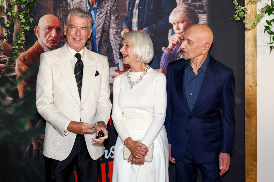 Pierce Brosnan, Helen Mirren, and Ben Kingsley at a film screening.