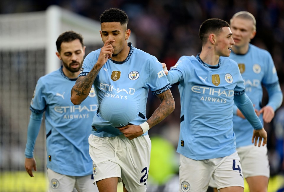 Manchester City's Savinho celebrates scoring.