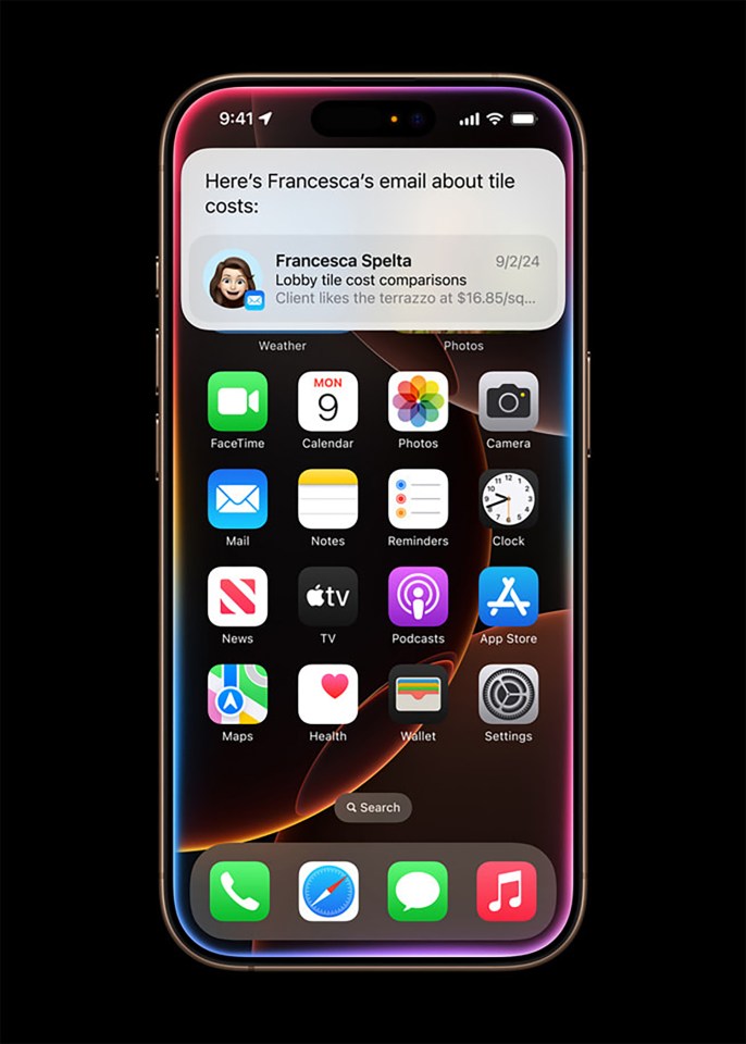 iPhone screen showing an email about tile costs and various apps.