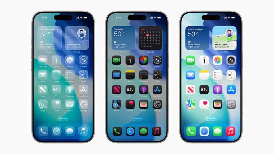 Three iPhone screens showing different home screen layouts.