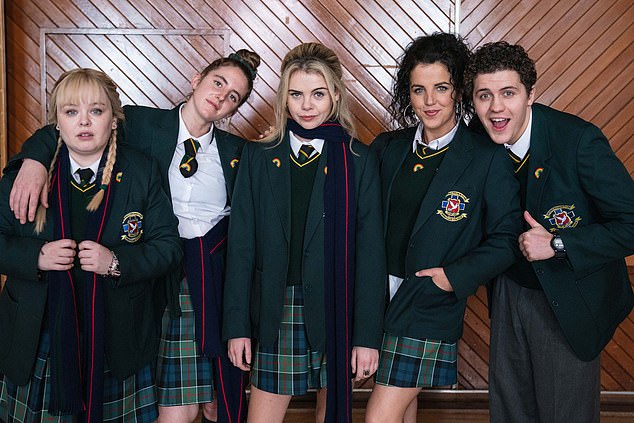 L-R Nicola Coughlan as Clare Devlin, Louisa Clare Harland as Orla McCool, Saoirse as Erin Quinn, Jamie-Lee O'Donnell as Michelle Mallon and Dylan Llewellyn as James Maguire in Derry Girls