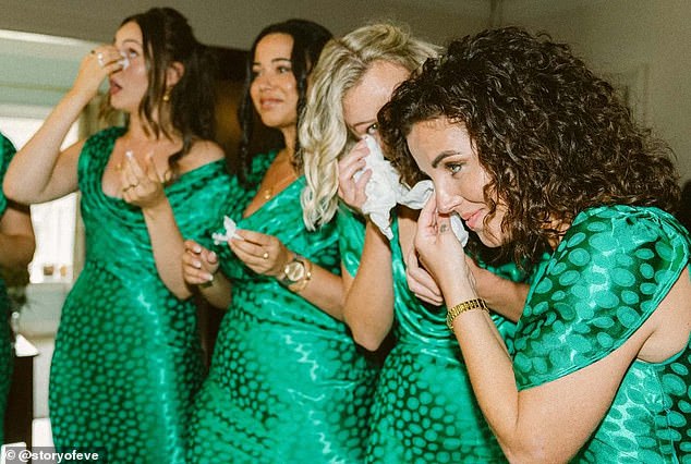 Monica's Derry Girls' co-star Jamie-Lee O'Donnel (far right ), who played Michelle, served as bridesmaid and was brought to tears by her pal's gorgeous gown