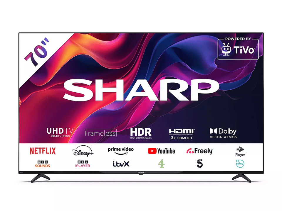 70" Sharp TV with HDR, 3x HDMI 2.1, and various streaming apps.