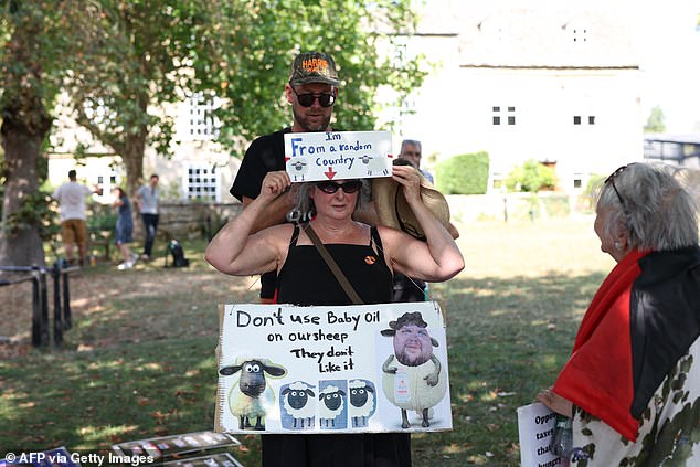 A woman holds a sign that reads'I'm from a random country' following the vice president's remarks about Europe having not fought a war for 40 years