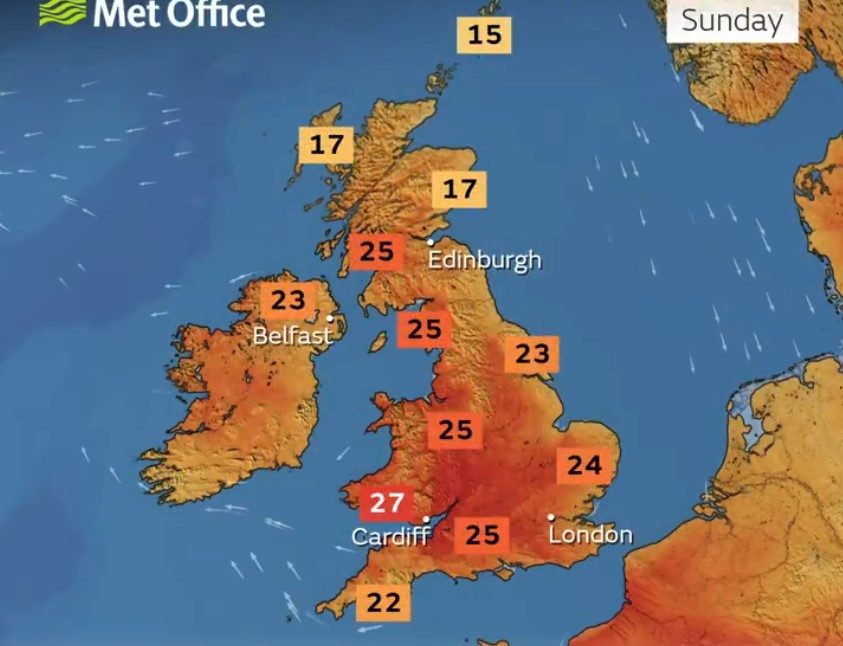 Sunday's UK weather forecast map showing high temperatures.