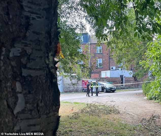 Detective Chief Inspector James Entwistle of the Homicide and Major Enquiry Team who is leading the investigation said: 'We are determined to get answers for Brett's family and ensure that those involved in this senseless crime are brought to justice.' Pictured: officers at the scene on August 12
