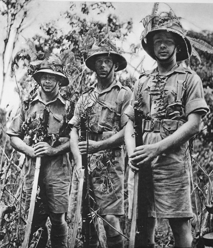 Three British soldiers in Malaya during World War II.