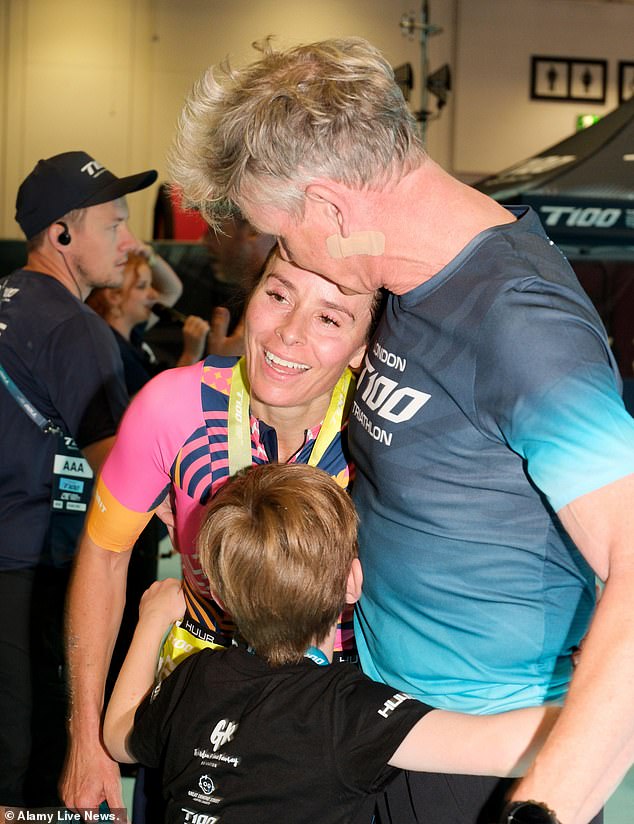 The Ramsay's - Gordon Ramsay, his wife Tana, son Jack, daughters Megan and influencer Tilly and future son-in-law, Adam Peaty take part in the T100 Triathlon World Tour held at the Royal Victoria Dock in London