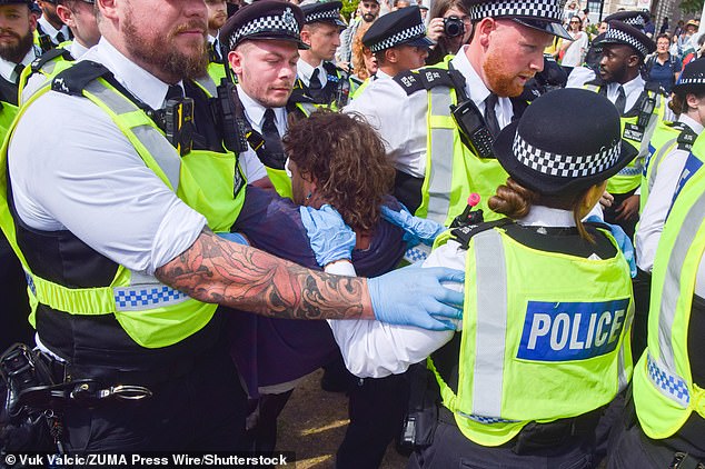During a day of mayhem and farce, Left-wing protesters swamped London's Parliament Square on Saturday in support of the organisation, which was proscribed by the Government last month as a terrorist group