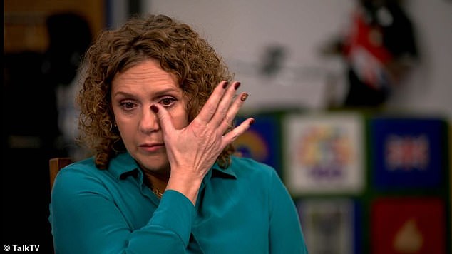 Mrs Ingram-Moore and her husband Colin, 68, have been embroiled in scandal when the charity watchdog found they had pocketed more than £1million in his name from links to the Captain Tom Foundation (pictured in TalkTV interview with Piers Morgan)
