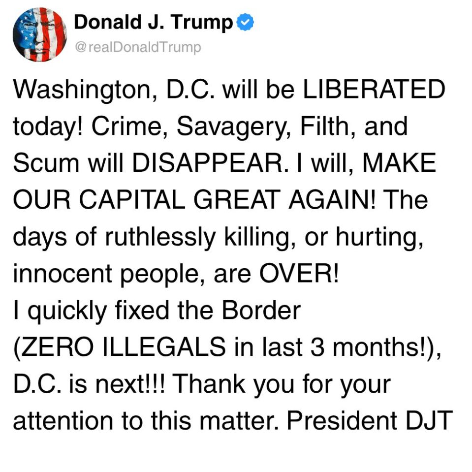 Screenshot of a Donald Trump tweet stating that Washington, D.C. will be liberated and crime will disappear.