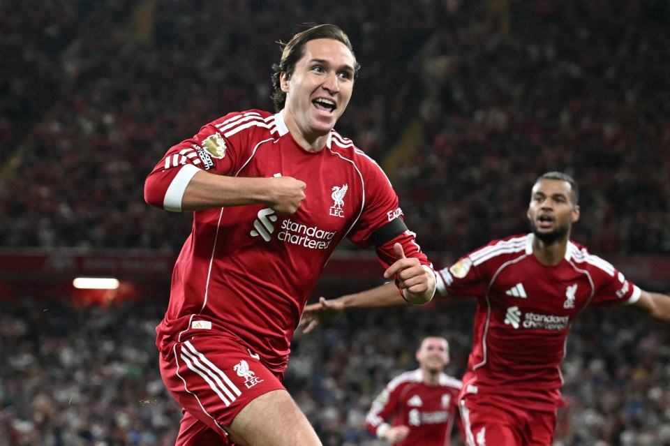 Liverpool's Federico Chiesa celebrates scoring a goal.
