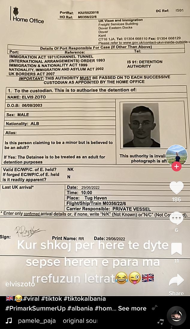 Zoto even posted a photo of his Home Office registration form showing his arrival in Dover in 2022