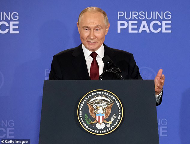 Putin speaks at a press conference following the summit in Anchorage, Alaska