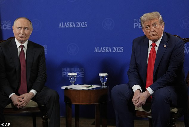 Trump failed to secure a ceasefire agreement or peace deal in the 'extremely productive meeting' with the Russian president (the pair pictured ahead of their three-hour meeting)