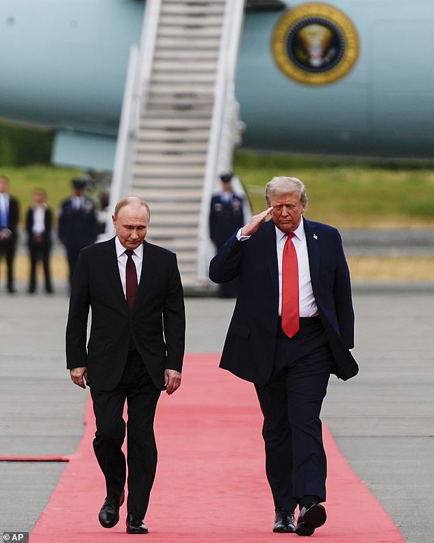 Trump looked impressed by the display of military might, featuring planes used in the June strike on Iran but Putin shrugged off the jets (pictured in Elmendorf Air Force Base)