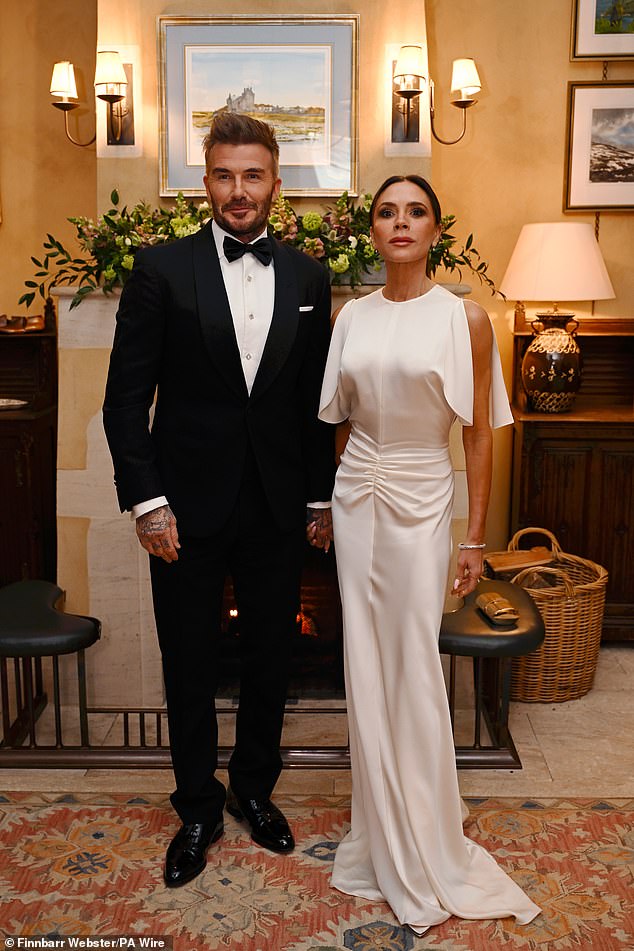 David and Victoria Beckham attend a dinner King Charles III's Cotswolds estate, Highgrove House, in Tetbury, on February 7, this year