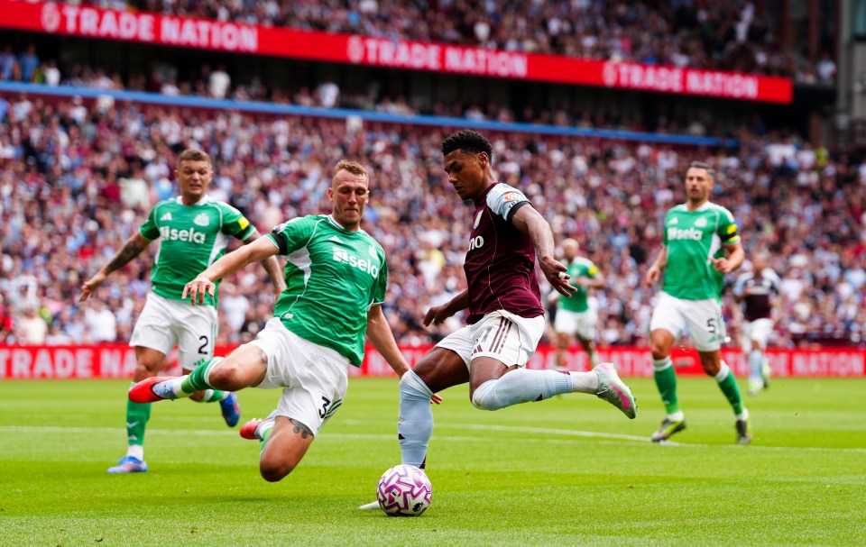 Aston Villa's Ollie Watkins and Newcastle United's Dan Burn vying for the ball during a Premier League match.