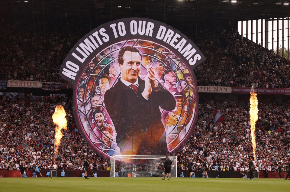 Tifo of Aston Villa manager Unai Emery with players, "No Limits To Our Dreams" banner.