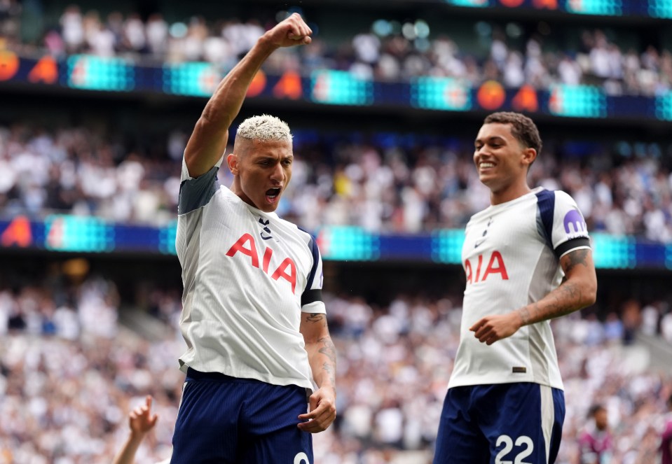 Richarlison of Tottenham Hotspur celebrates a goal.