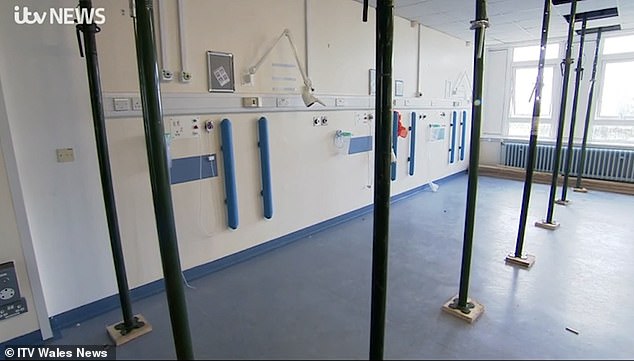 In one ward that usually holds six beds at Withybush Hospital (pictured), roof support was needed to prop up the ceiling