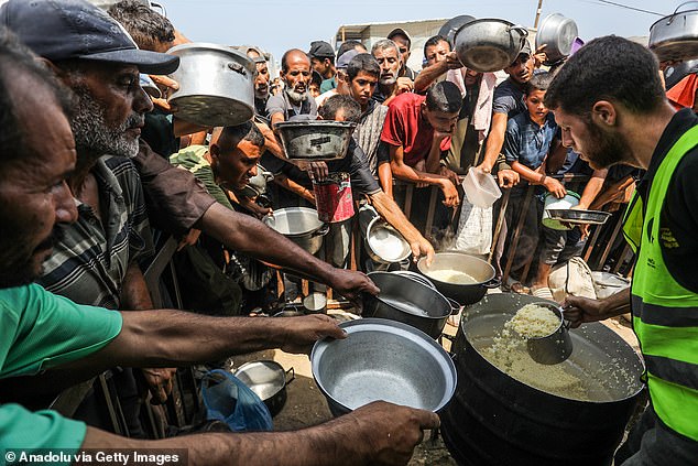 Pictured: People carried pots and pans to collect food from aid workers in Gaza on Sunday, August 10