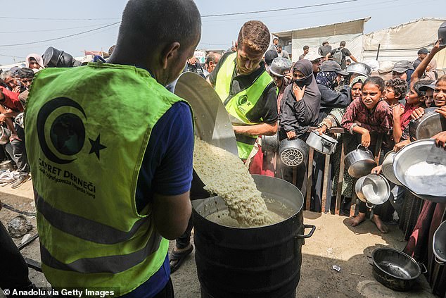 Pictured: Palestinians wait with pots in their hands as a charitable organization distributes food to people in Gaza suffering food crisis