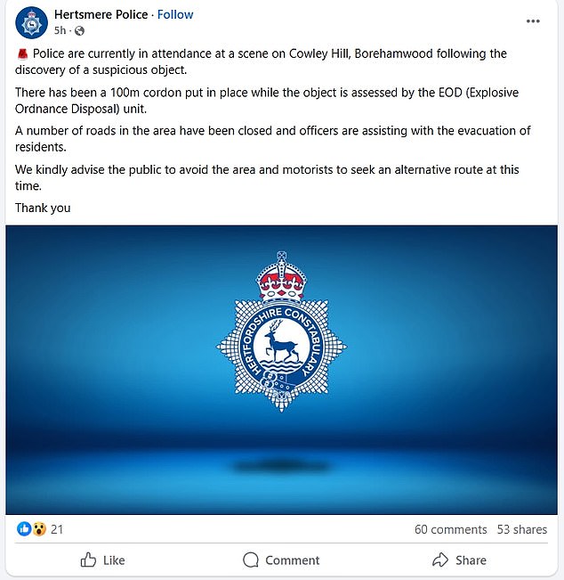 Hertsmere Police issued a statement this afternoon advising that a cordon had put in place while the army bomb unit investigates