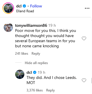 Screenshot of Instagram comments about a football player choosing Leeds.