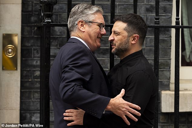 Mr Johnson, writing in today’s MoS, describes the summit as ‘the most vomit-inducing episode in all the tawdry history of international diplomacy’. Pictured: Sir Keir Starmer and Zelensky on August 14