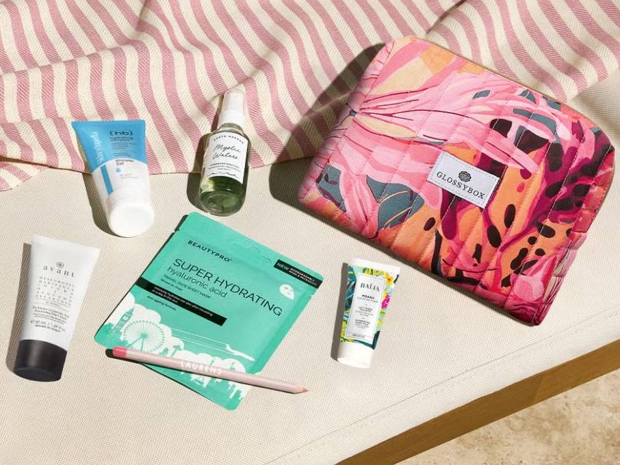 Glossybox beauty products and makeup bag.