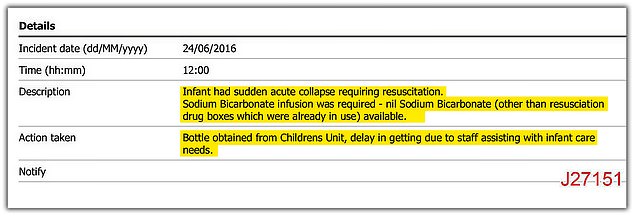 A report made by Lucy Letby in June 2016 when a baby had suffered a 'sudden acute collapse requiring resuscitation'